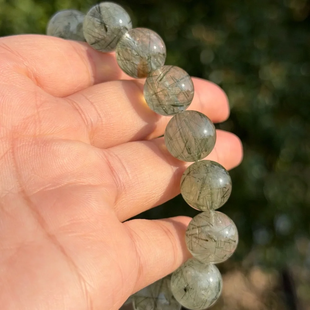 14mm stretchable high‎ quality translucent green rutilated quartz bracelet 1153